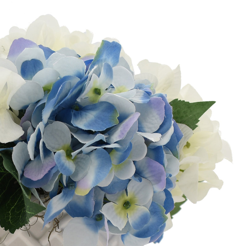 Mixed Hydrangeas In White Woven Planter, Blue and White