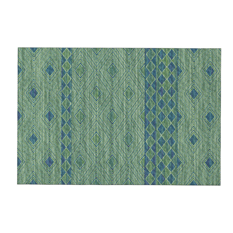 3' X 5' Green And Navy Blue Tribal Washable Area Rug With UV Protection