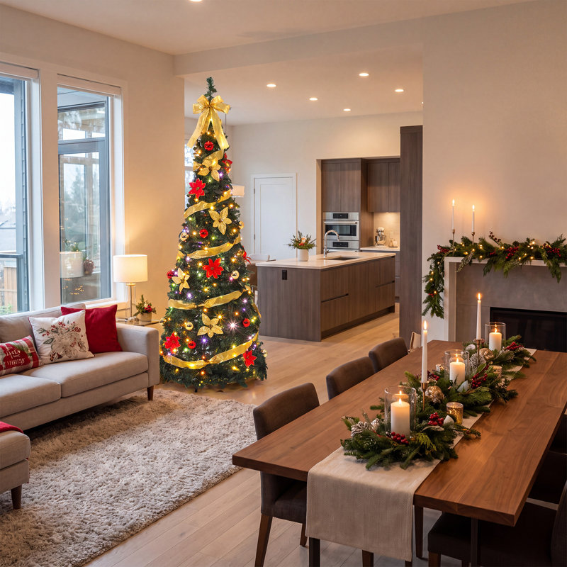 Sapin de Noël pliable artificiel pré-illuminé de 1,80 m avec 200 lumières DEL et décorations rouges et dorées