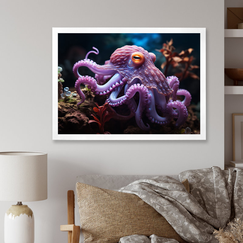 Pieuvre mauve, rencontre mystique sur toile, Cadre simple blanc, H 16 po x l 32 po x P 1 po