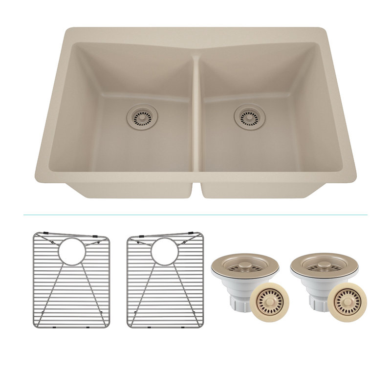 33" x 22"  Quartz Kitchen Sink, Lexicon Platinum Double Bowl Sink, Drop-in Sink, Undermount Sink, Granite Kitchen Sink, with 2 Steel Grids and Basket Strainer, Disposal Flange
