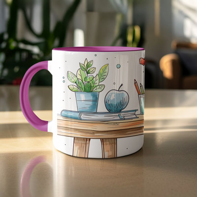 Kids Drawing Style 11oz Accent Mugs – Ceramic Coffee Cup with a Purple Handle and Interior