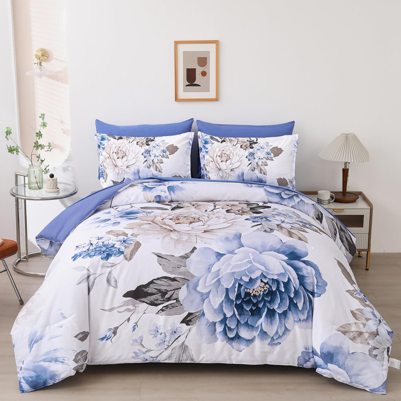 Ensemble d'édredon floral 7 pièces 7 pièces, Grand édredon et 6 pièces supplémentaires, Bleu