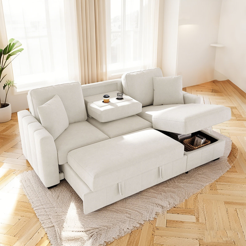 Canapé-lit modulaire en L de 90 po avec méridienne réversible avec rangement, canapé-lit convertible moderne avec deux porte-gobelets et 2 pollows