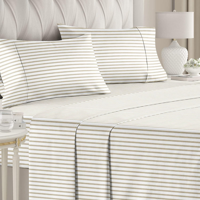 Full Size Beige Striped Microfiber Deep Pocket Sheet Set