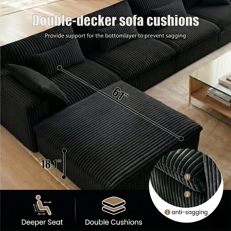 158" Corduroy Boneless Cloud Sectional Couch for Living Room, Flexible Modular Sectional Couches, No Assembly Required, Cozy Fluffy Sofa with Thick Cushion for Apartment | Compression, Free Combination, Luxurious, Throw Pillow