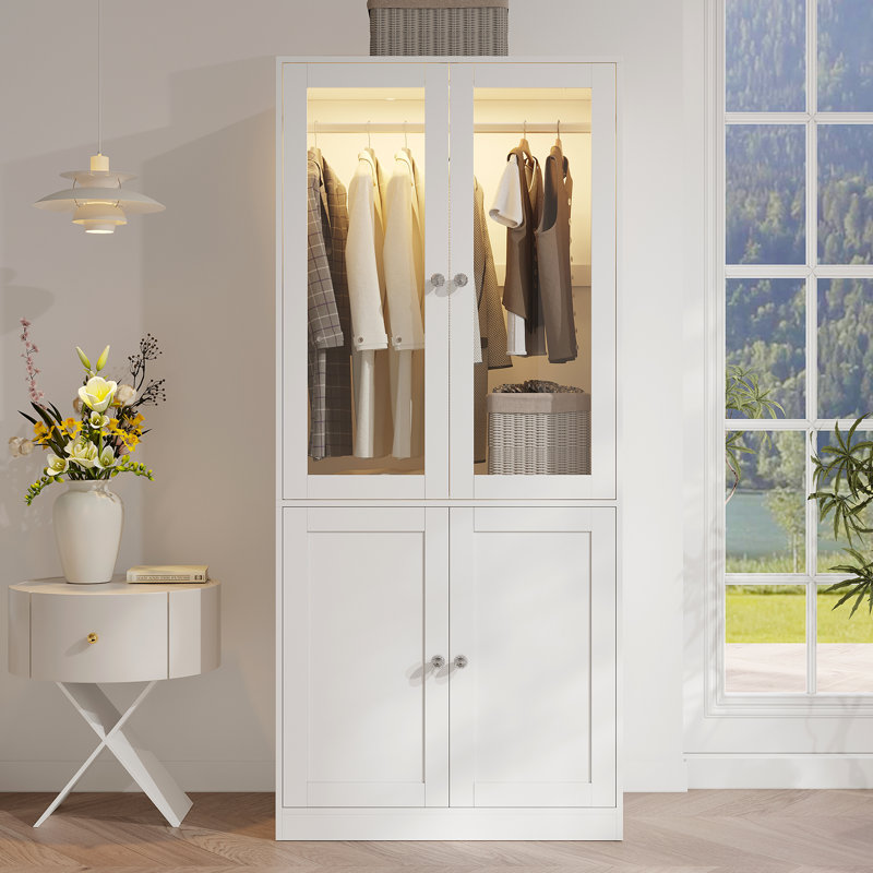 75" Tall Armoire Wardrobe Closet with Drawers & Lights, Clothing Storage Cabinet with 2 Glass Doors 