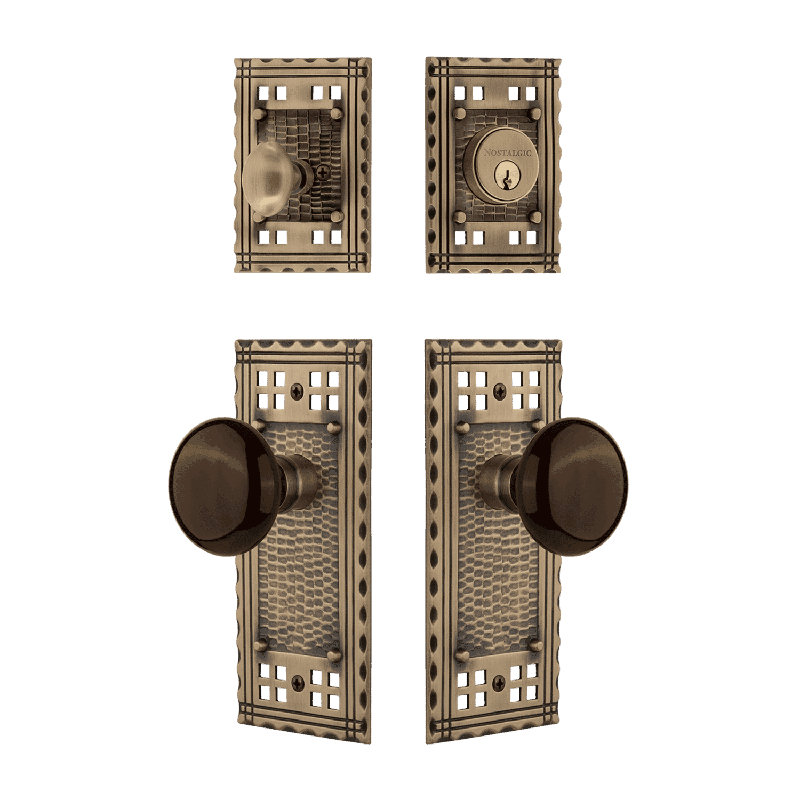 Nostalgic Warehouse Craftsman Entry Set with Brown Porcelain Knob, Antique Brass