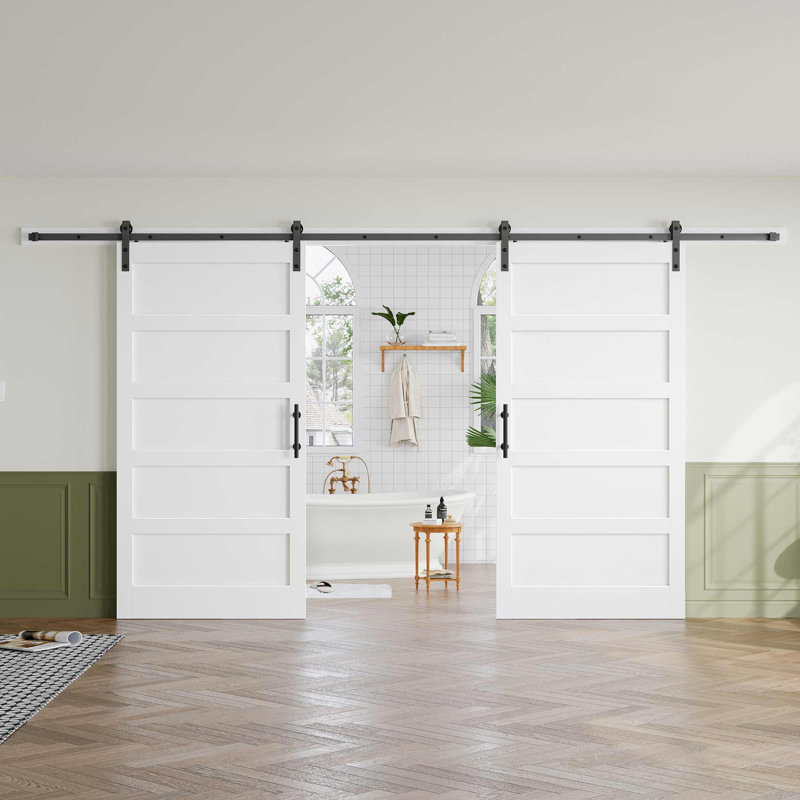 Porte de grange double en bois manufacturé à 5 panneaux avec quincaillerie d'installation, 84 po x 84 po