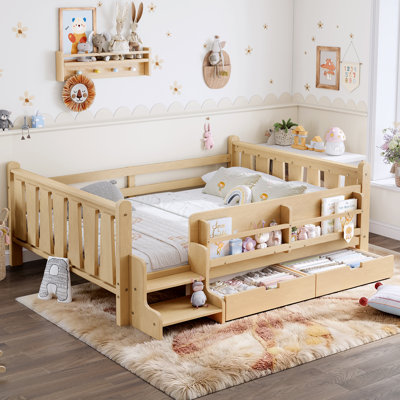 Lit double pleine grandeur pour enfants en bois massif avec tiroirs de rangement, bibliothèque, escaliers et garde-corps, aucun sommier nécessaire, naturel clair