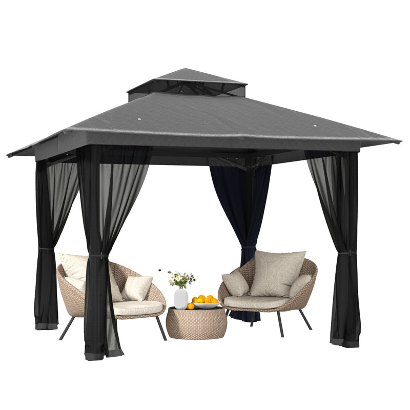 10X10 Gazebo, Outdoor Patio Gazebo With Mosquito Netting, Double Roof Metal Gazebo, Canopy For Backyard Covered Patio, Heavy Duty Gazebo Outdoor For Garden Deck Lawn，Black / Gray / Khaki / Navy Blue