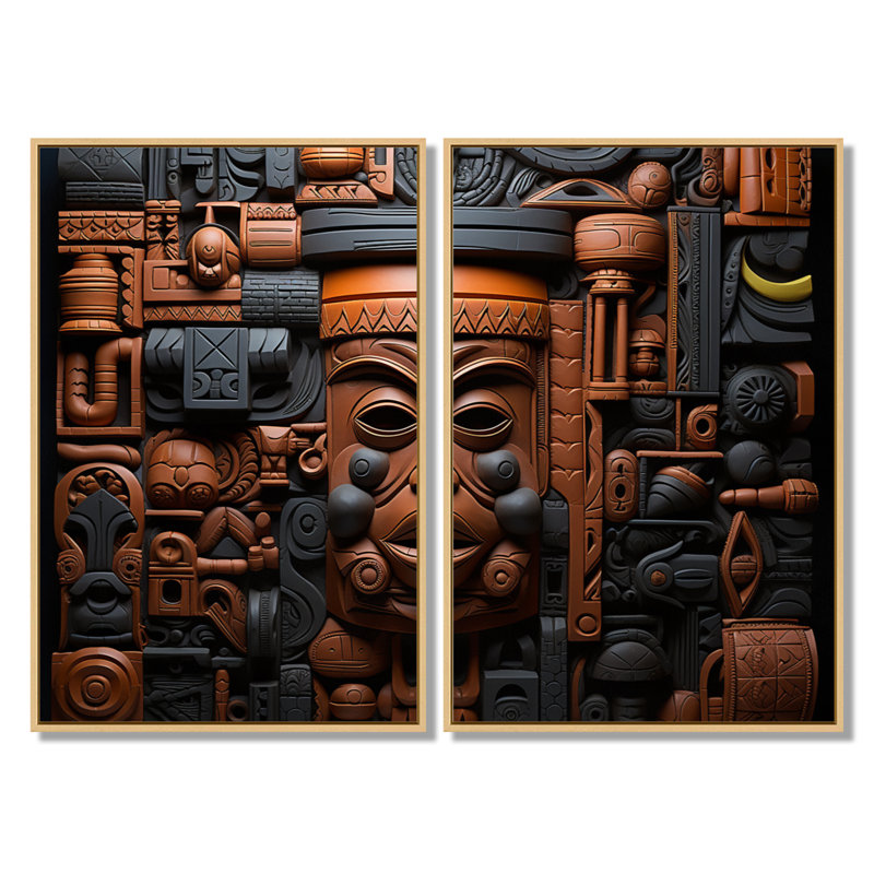 Motif de masques de Kuba africain brun et noir - Masque africain, ensemble d'art mural encadré de personnes brunes, Crème
