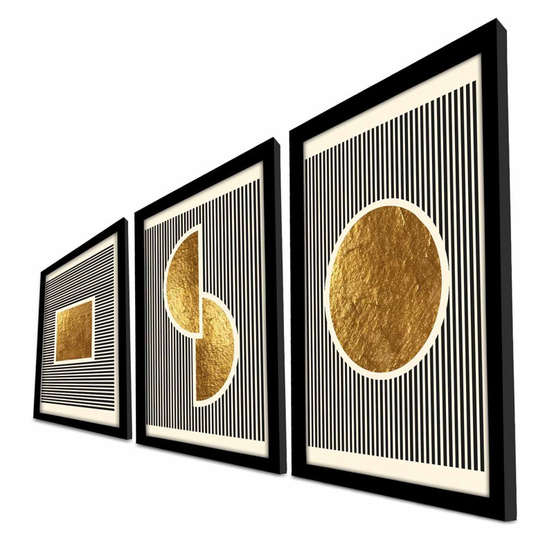 Elegant Decorative Framed MDF Painting Set (3 Pieces), Gold & White & Black, 15.0 x 21.0 inches Each | 100% MDF (Thickness: 0.1 inches) & 100% Wooden Frame (Thickness: 0.9 inches) | Perfect for Home Décor & Gallery Walls