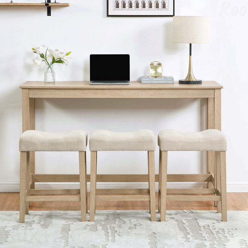 4-Piece Bar Dining Set: Table & 3 Padded Stools, Power Outlet, Light Oak