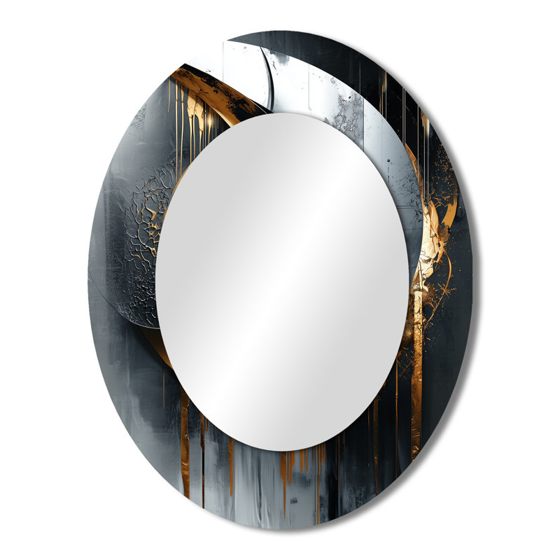 Noir et or abstrait formes et lignes II - miroir mural ovale moderne, 43 po x 33 po