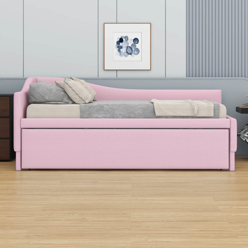 Lit de jour simple en L rembourré en forme de L - Lit gigogne inclus, Rose