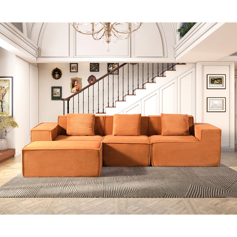 Canapé-lit modulaire en velours côtelé rouge-orange en forme de L, canapé d'angle, coussins profonds pour les lancements de produits, salons de coiffure modulables