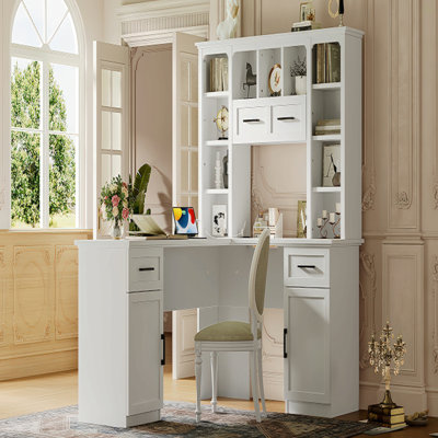 L-Shaped Computer Desk With 2 Cabinets And 2 Drawers, 11 Open Shelves And 1 Right Flip Shelf With Storage, With Power Outlet, For Study, Living Room And Office, White