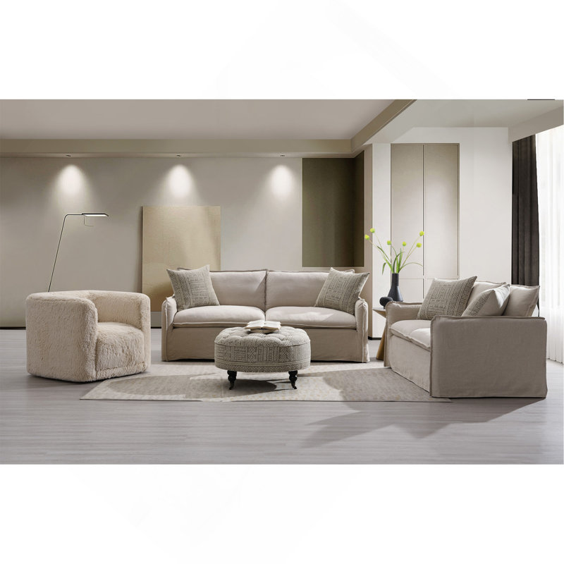 Ensemble de salon en tissu à motif Upendo, beige sable et lin beige 3 pièces
