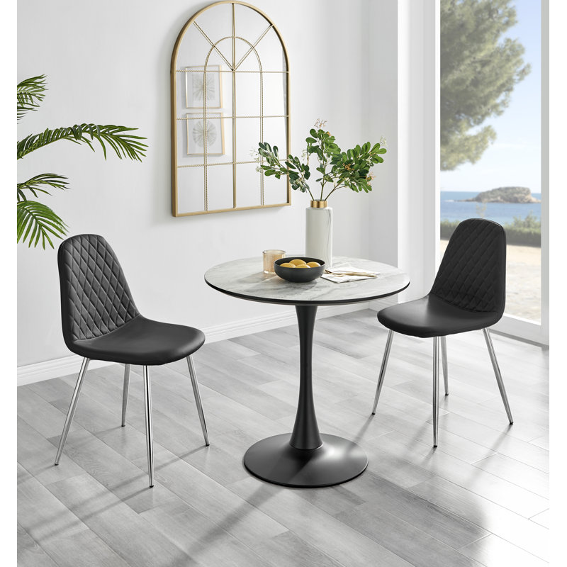 31.5" W Round Marble Effect Dining Set with Faux Leather Chairs, Black, Silver