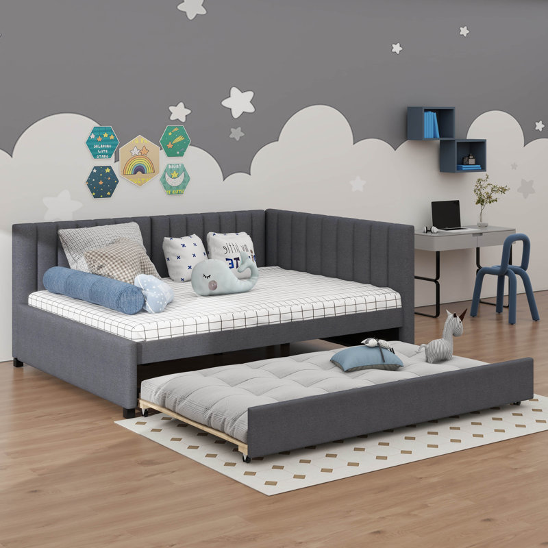 A Full-Sized Upholstered Daybed Incorporating A Built-In Trundle Bed, Gray