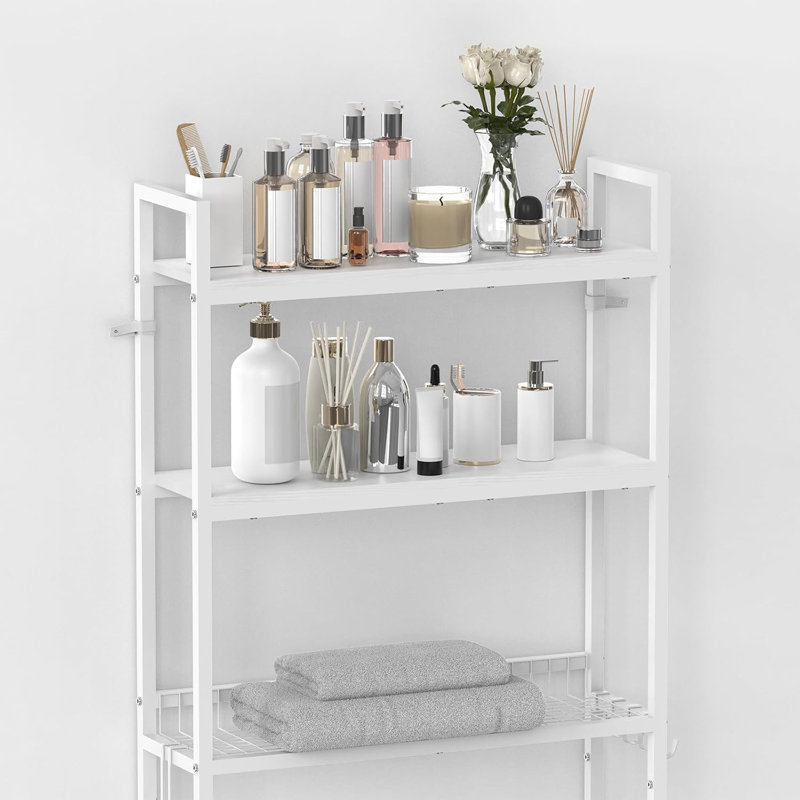 Rangement au-dessus de la toilette Organisateur de salle de bain à 3 niveaux au-dessus de la toilette Support en bois autoportant au-dessus de la toilette avec 4 crochets Noir au-dessus de la toilette pour les toilettes et les toilettes