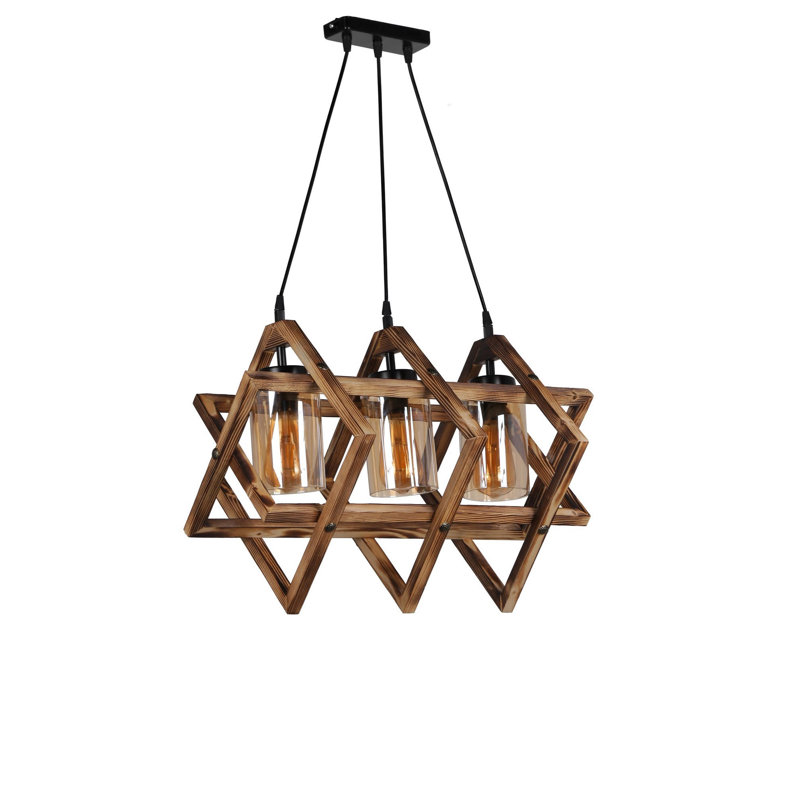 Lustre rustique en bois avec cadre en métal et capuchon en verre, 16,9 x 16,9 x 22,0 pouces | Hauteur réglable, douille E27 (40 W maximum) | Peinture électrostatique séchée au four, couleur brune | Parfait pour les décorations du sud-ouest et de la campagne