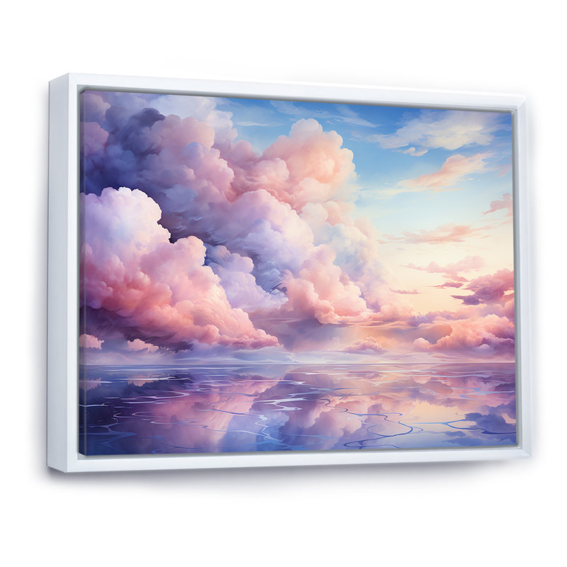 Mauve et rose couleur pastel - art mural ciel, Cadre flottant blanc, H 34 po x l 44 po x P 1,5 po
