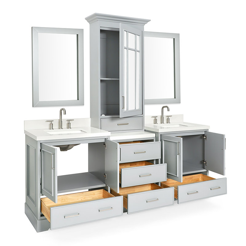 85'' Double Bathroom Vanity with White Quartz Top, Gray