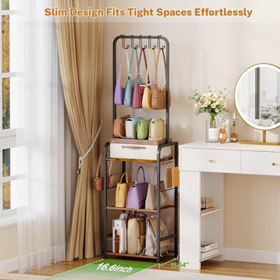 4-Tier Purse Organizer for Closet with 5 Purse Hanger, Tall & Vintage Purse Rack Stand for Purse Storage with 6 Side Hooks, Adjustable Handbag Organizer, Purse Storage Organizer for Small Place