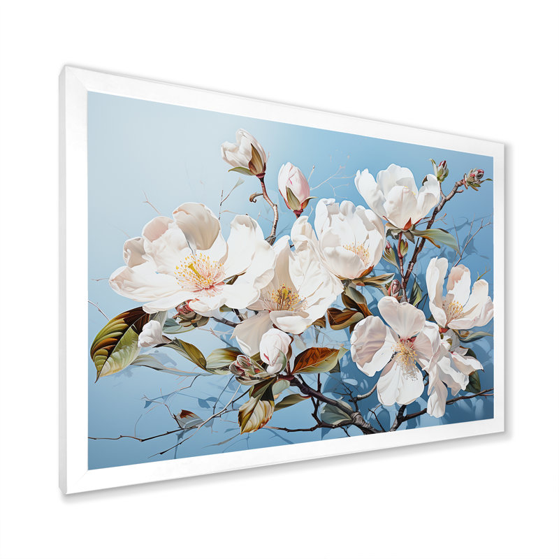 «Magnolias» blanc et bleu I - impression, Cadre simple blanc, H 16 po x l 32 po x P 1 po