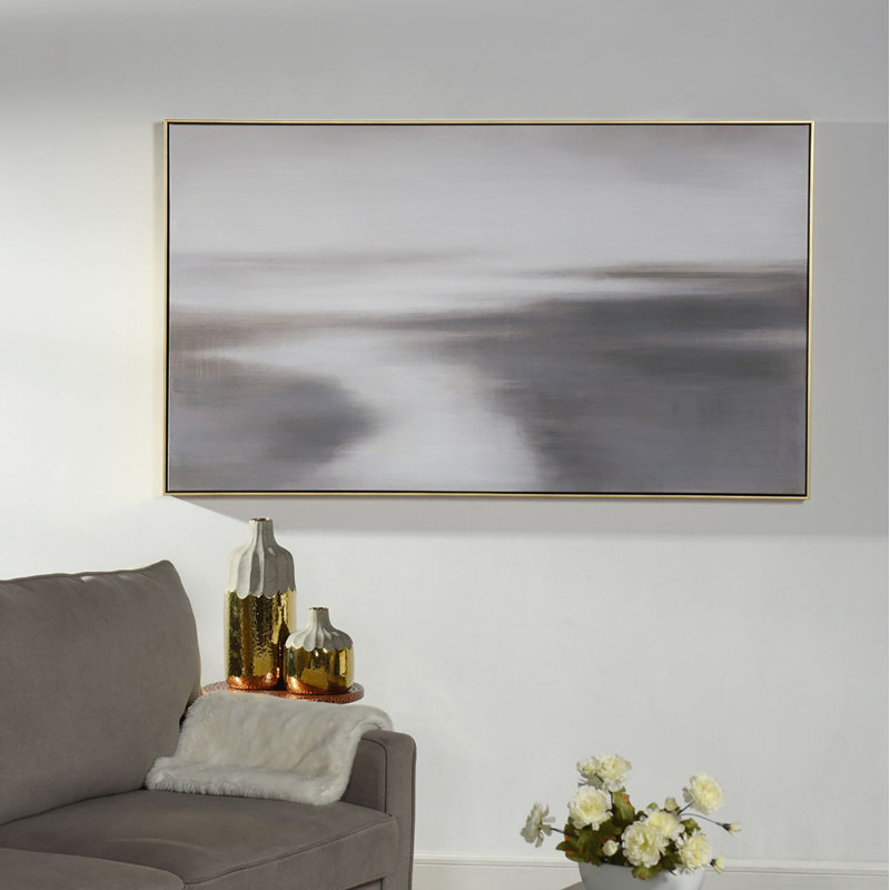 «Gray Horizon», art mural en toile peinte à la main - 60 po x 35 po, cadre argenté