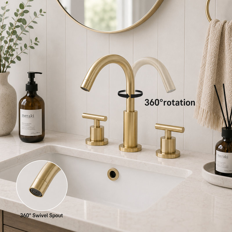 2-Handle Widespread Bathroom Faucet With Drain Assembly in Brushed Gold, Brushed Gold