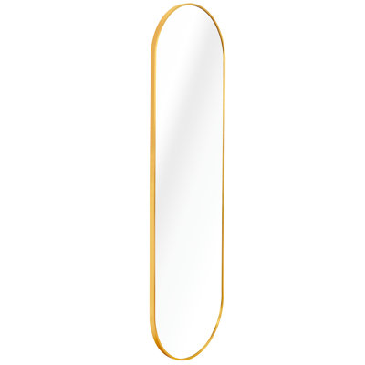 Miroir de 63 po x 20 po en forme de pilule pleine longueur en or, style élégant, verre de 4 mm de hauteur, cadre en aluminium rouille, miroir incassable avec pellicule dorée, protection contre la rouille fine fournie de manière fiable