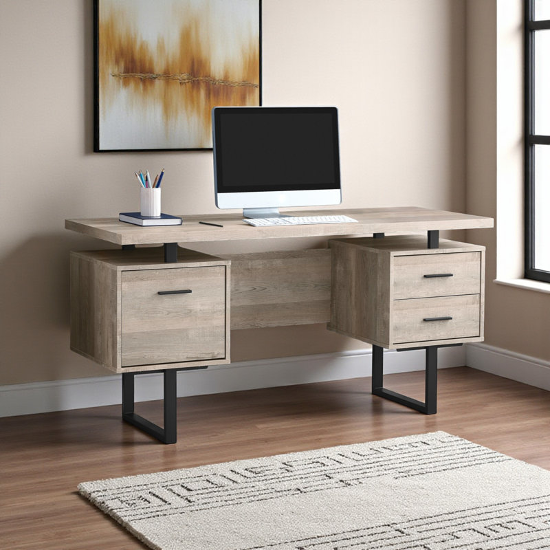 Everdon 2-Drawers Light Brown Finish Computer Desk with Metal Legs, 30.1" H X 59.8" W X 23.64" D