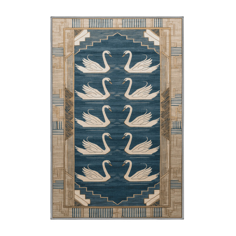 Tapis vert art déco lavable à la machine, Rectangle 7 pi x 9 pi