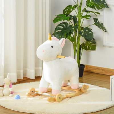 Cheval à bascule, enfants 2 en 1 chevauchant un cheval, chaise berçante à roulettes avec sonic, base en bois, pédale, poignée, poney en peluche pour enfants de 3 à 6 ans, blanc