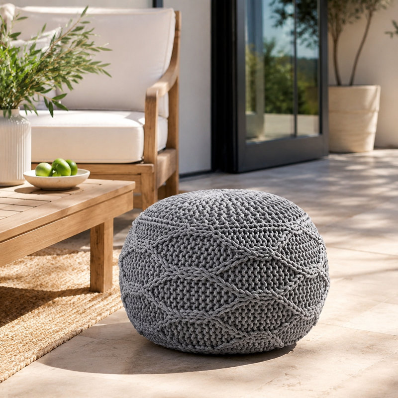 Pouf Malibu en maille de coton, rond de 50 cm, gris