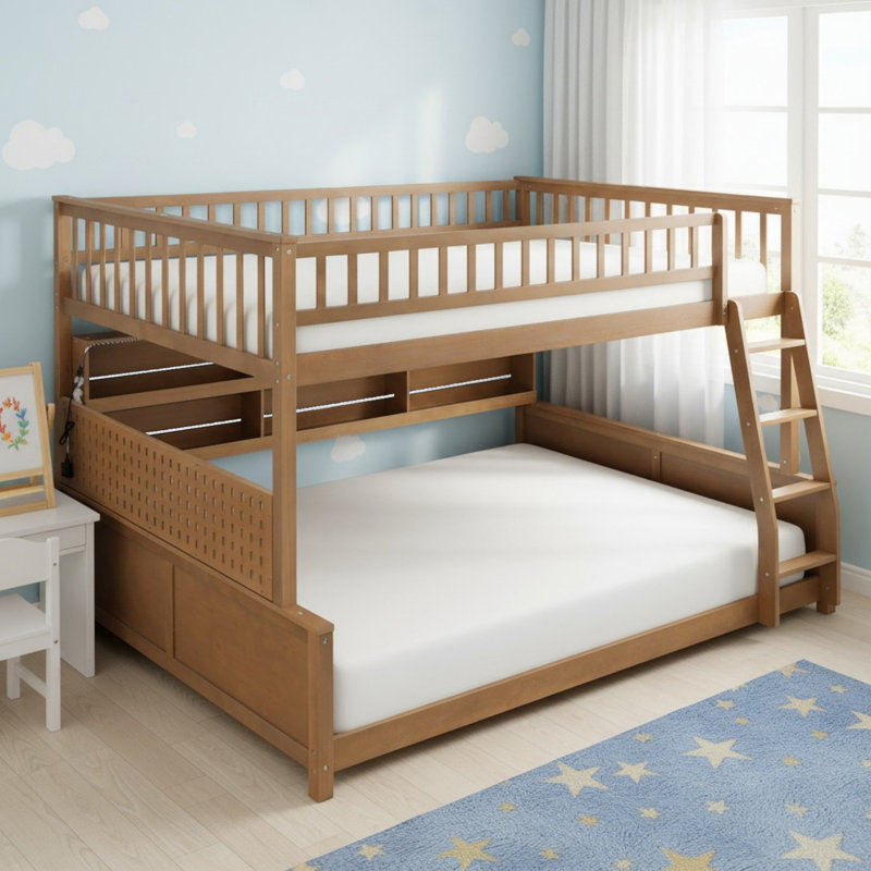 Solid Wood Full XL Over Queen Bunk Bed with Integrated Shelving, Color-Changing Lights and Pegboard for Bedroom, Brown