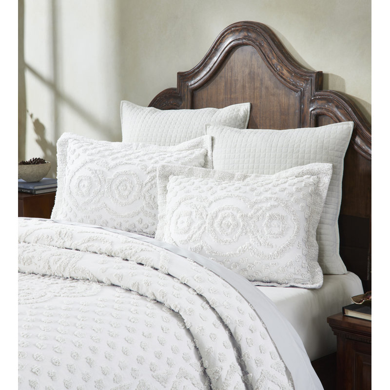 Heirloom 100% Cotton Chenille Tufted Standard Pillow Sham, Medallion Design, Soft Breathable Decorative Pillow Cover, OEKO-TEX Certified, Machine Washable, All-Season, 21" x 27", White