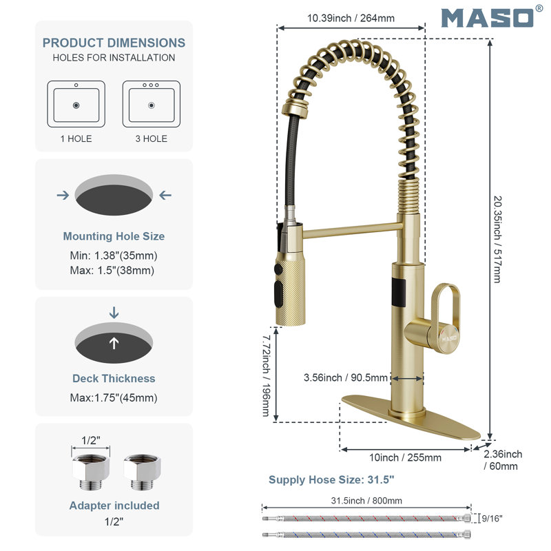 MASO Touchless Spring Kitchen Faucet with Pull-Down Sprayer, Fahrenheit Temperature Display, 3 Spray Modes, 360° Swivel, Single Handle for RV, Farmhouse, Camper, Laundry & Bar,Brushed Gold