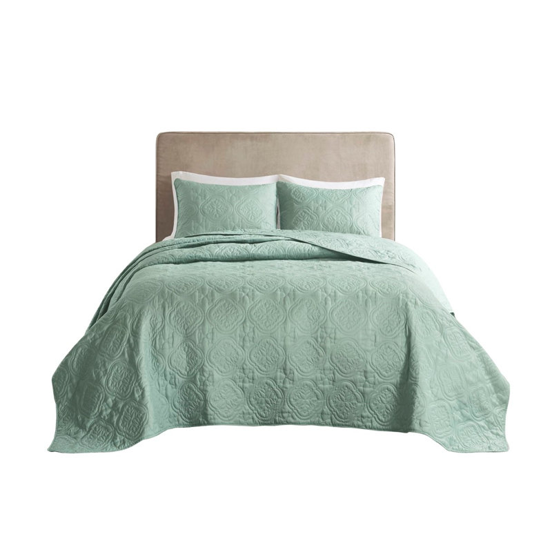 Ensemble de couvre-lit très grand réversible vert écume de mer - couvre-lit matelassé en microfibre 3 pièces avec 2 taies décoratives (120 x 118 pouces)