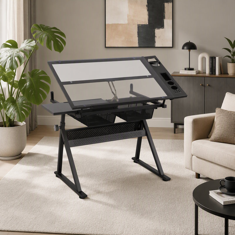 Table à dessin, table d'artiste avec plateau en verre réglable de 0 à 70° - Bureau à dessin réglable en hauteur avec grand espace de rangement pour la peinture et les loisirs créatifs - Idéal pour les designers et les étudiants en art (noir)