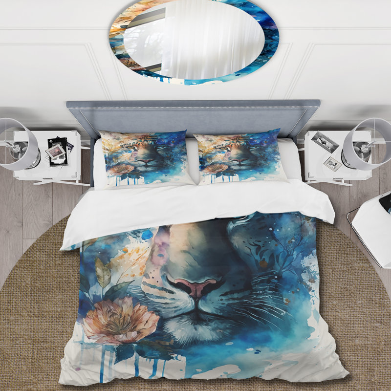 Portrait de tigre avec fleurs II - Ensemble de housse de couette tigre, Queen Duvet Cover + 2 Standard Shams