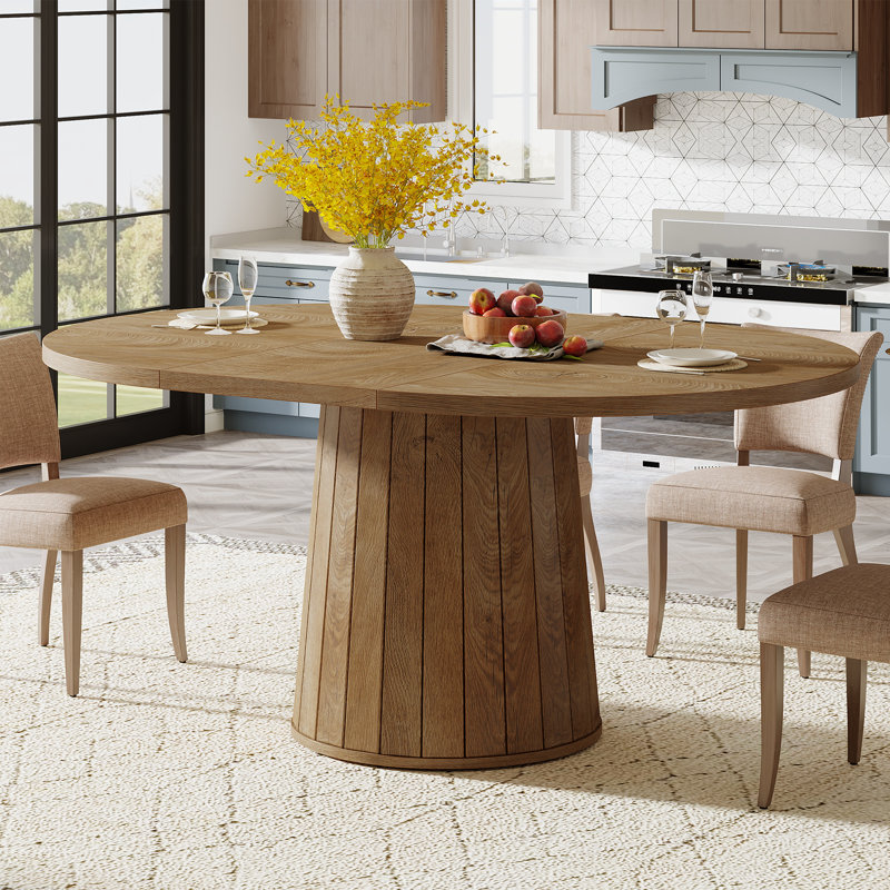 Table de salle à manger ovale de 55 pouces avec base en bois pour la salle à manger et la cuisine, Brun chêne clair