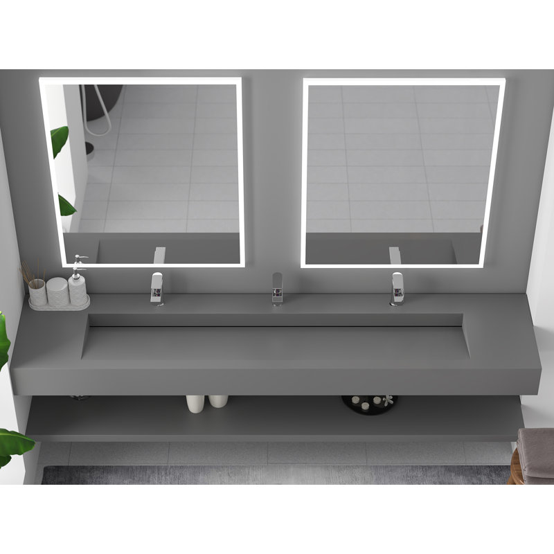 Pyramid 84" Wall Mounted Rectangular Solid Surface Bathroom Trough Sink in Matte Finish - Gray, Gray