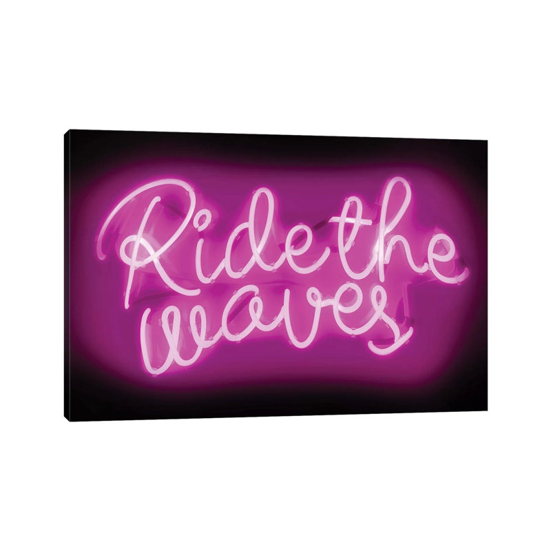Neon Ride The Waves Pink On Black by Hailey Carr - Wrapped Canvas Print, 20.32 cm H x 30.48 cm W