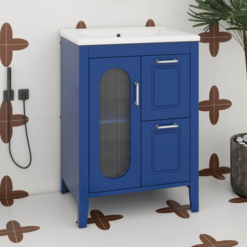 Meuble-lavabo autoportant 24 po avec 2 tiroirs et porte réglable 24 po avec lavabo, tablette réglable, Bleu