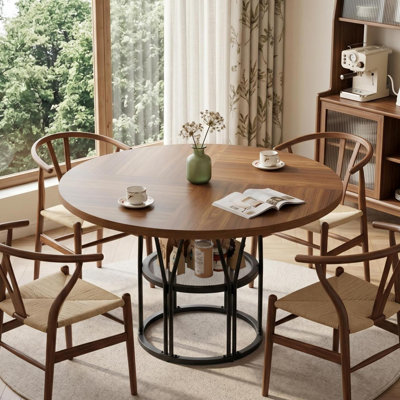 Table de salle à manger ronde pour 4-6, table de cuisine circulaire de 47 po avec tablette de rangement et structure en métal robuste, table de salle à manger moderne pour cuisine, salon, appartement, bureau, brun