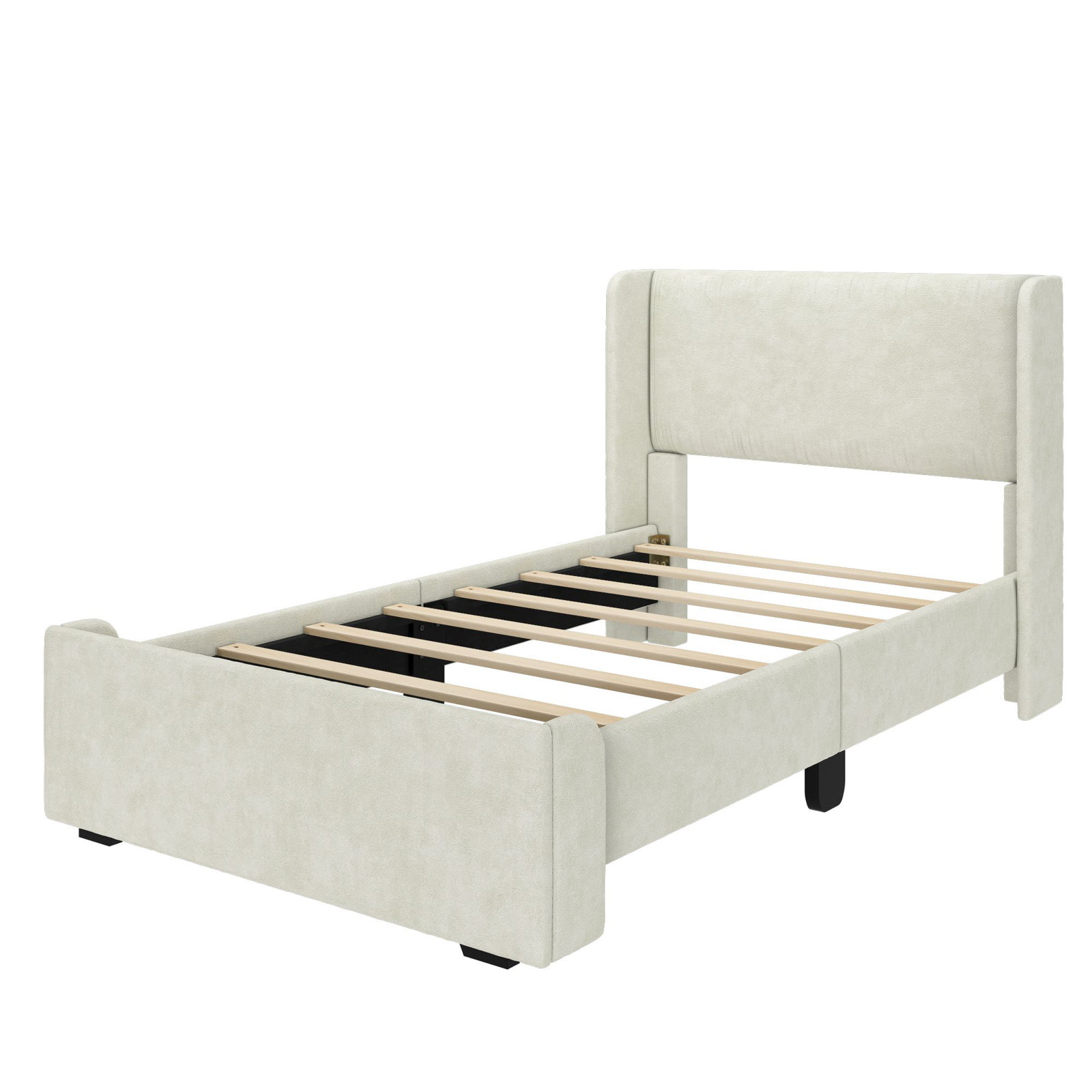 Solid Wood Upholstered Panel Bed with Rectangular Headboard, Twin, Cream